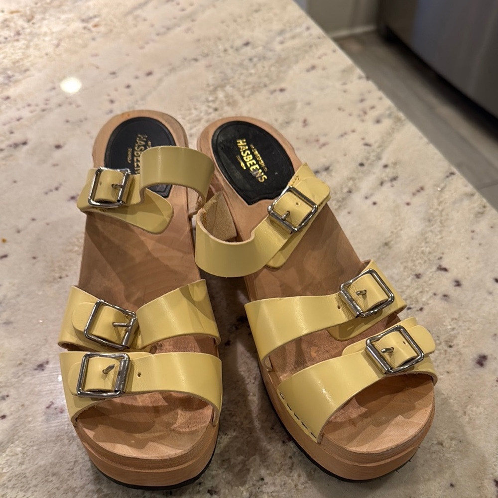 Swedish Hasbeens Yellow Patent Leather Buckle Clog Mules